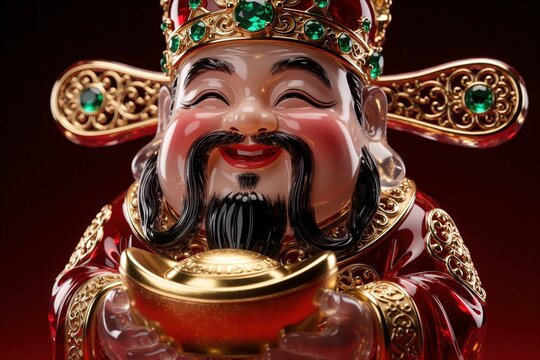 3D glass figurine of Chinese God of Wealth Cai Shen. Joyful deity with long black beard, mustache holds golden ingot. Red background with luxury gold ornaments. Oriental sculpture symbol of