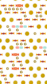 Seamless pattern of candies, macarons, and drinks