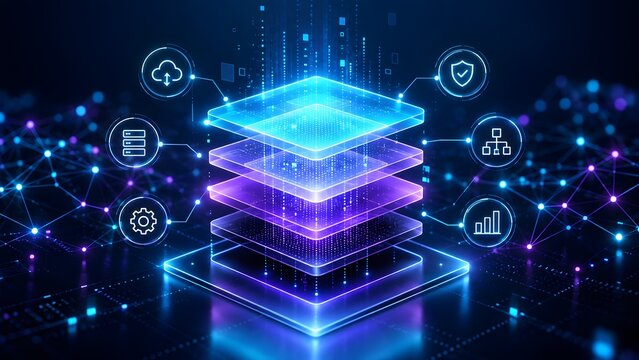 Glowing futuristic 3D server stack hologram with digital cloud computing icons representing data storage network security and advanced IT technology infrastructure