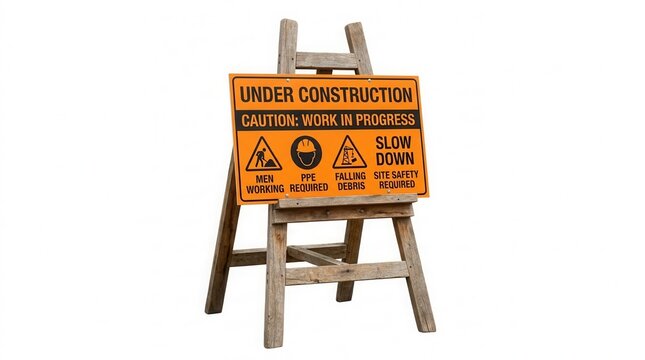 Orange Construction Sign On Wooden Easel Warning of Work in Progress and Safety Precautions
