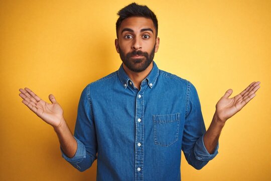 Young hispanic man with beard shows confused expression. Male in denim shirt shrugs shoulders with hands raised against yellow background. Clueless guy looks puzzled, uncertain asking question.