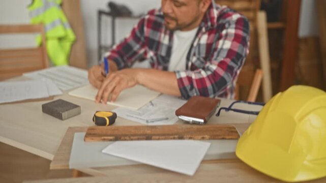 Man carpenter writing notes with pen, hand on notebook at workshop table in building amid wood planks, hardhat and tools; focused planning.