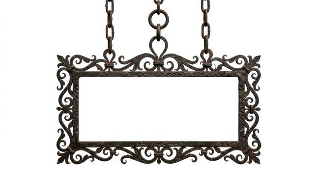 Ornate wrought iron hanging sign frame with ornate scrollwork and chains isolated on white background