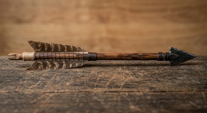 Primitive Arrow with Feather Fletching and Stone Head on Rustic Wooden Surface