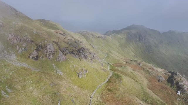Pyg Track and Llyn Llydaw lake in clouds from a drone, Pen-y-Pass, mountain pass, Snowdonia, Gwynedd, north-west Wales, UK