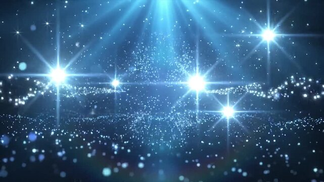 Elegant blue particle wave with falling sparkles and glowing light rays background