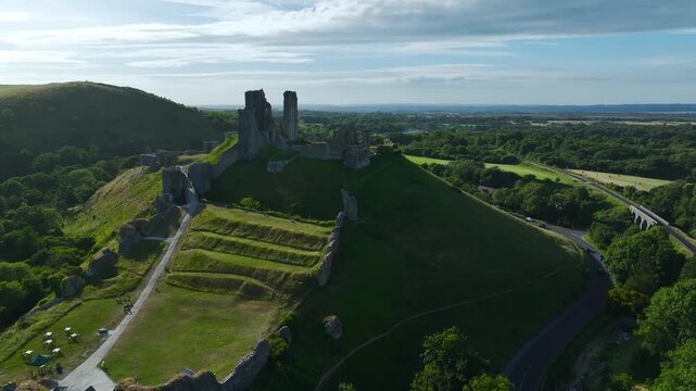 Ruins of Corfe Castle from a drone, Corfe Village, Purbeck Hills, Dorset, England, United Kingdom
