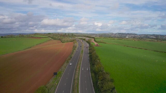 Panorama over Road A380 and Fields and Torquay from a drone, Devon, England, United Kingdom
