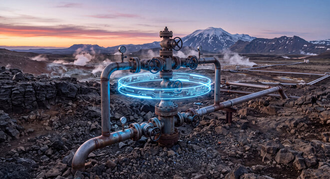 Geothermal energy extraction pipeline system located in a volcanic landscape featuring futuristic blue holographic monitoring ring interfaces analyzing valve flow metrics