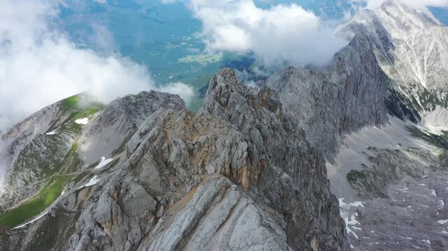 Drone shot, Alpine panorama, aerial view, Wettersteingrad with Partenkirchner Dreitorspitze, Wetterstein Mountains, Garmisch-Partenkirchen, Bavaria, Germany