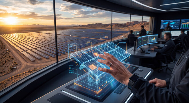 Operator in a futuristic control room overlooking an expansive desert solar farm interacts with a glowing holographic three dimensional model analyzing power distribution