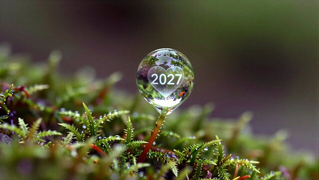 A clear droplet on moss reflects 2027 inside a heart shape, symbolizing new beginnings.