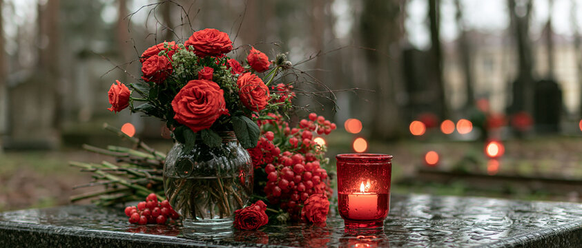 A solemn arrangement of red roses and berries sits atop a tombstone, accompanied by a flickering candle, evoking a sense of remembrance and grief