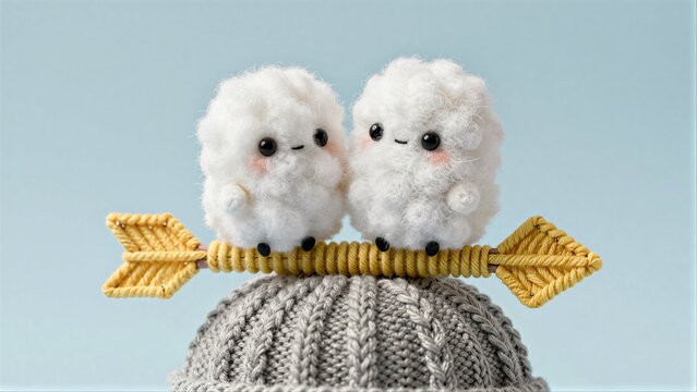 Two fluffy white creatures sit on a yellow arrow atop a knitted hat.
