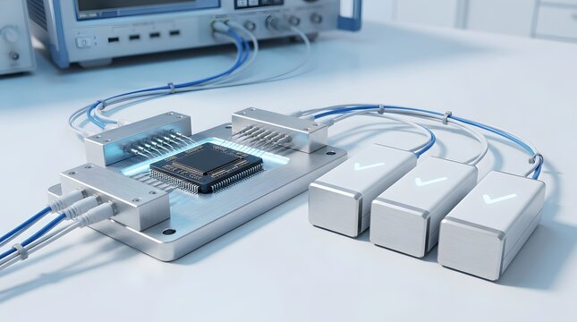 Advanced microchip testing setup with specialized equipment and connected probes showcasing electronic component verification and quality control in a laboratory setting.