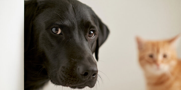 A black Labrador dog peeks around a corner, looking warily at a small orange kitten in the background. The kitten is out of focus, drawing attention to the dog's concerned expression