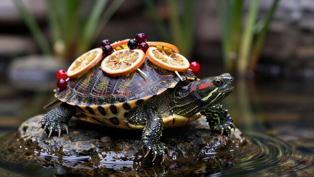 Turtle adorned with orange slices and berries, basking on a rock by water.