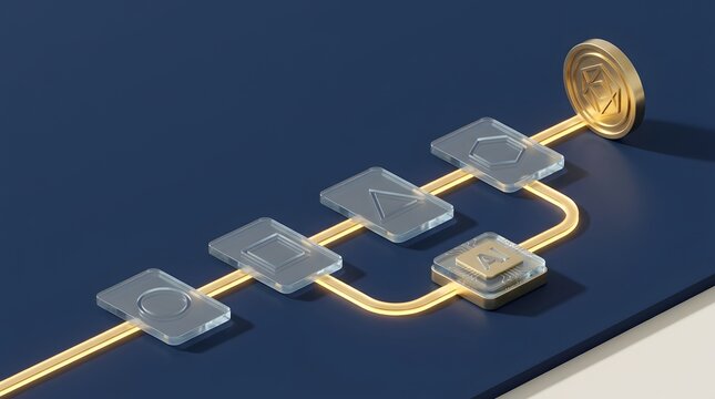 Abstract flow of data and AI processing through transparent nodes leading to a golden coin representing financial technology and blockchain concepts