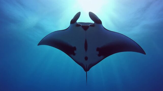 Low angle view of giant manta ray swimming under bright sunbeams in blue ocean