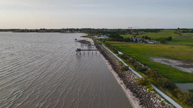 Fishing huts over Randonnee entre Histoire et Nature from a drone, Fouras, Fouras-les-Bains, Charente-Maritime, Nouvelle-Aquitaine, France