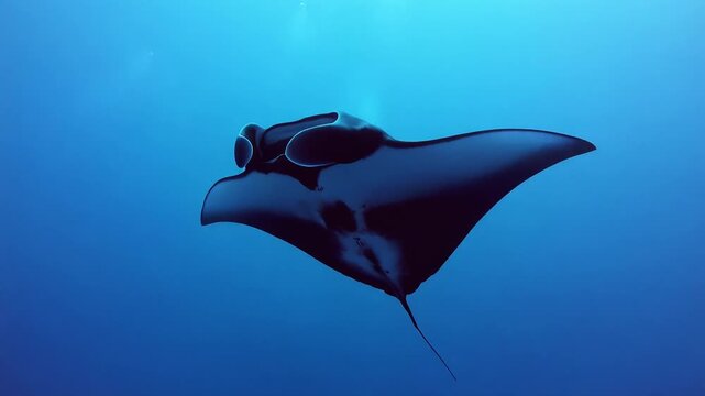 Majestic manta ray swimming in open blue ocean water toward the camera