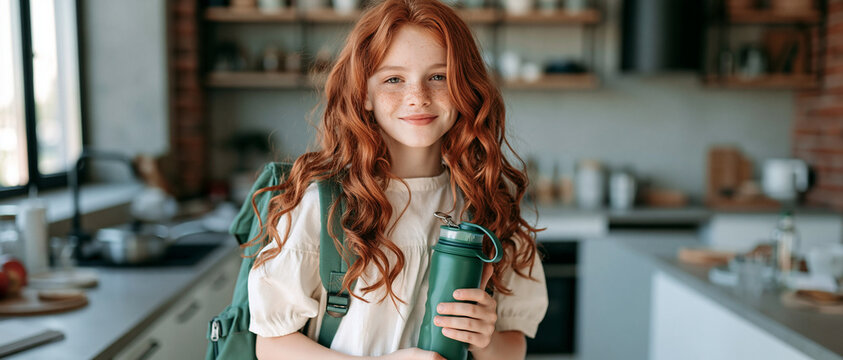 A young girl with long, wavy red hair and freckles stands in a kitchen, holding a green water bottle and wearing a backpack. She looks directly at the camera with a gentle smile