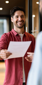 A man in a red shirt smiles and hands a document to another person in an office setting