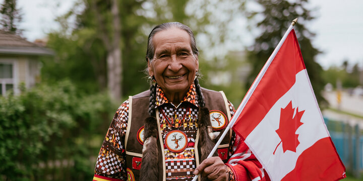An Indigenous man smiles while holding a Canadian flag. He is wearing traditional clothing, including a beaded vest.