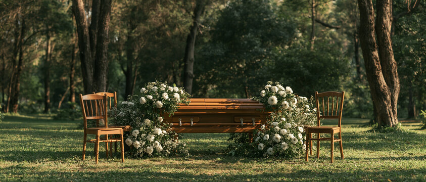 A somber outdoor setting with a wooden coffin adorned with white flowers, placed between two chairs amidst trees and greenery. This scene evokes themes of finality and peaceful repose