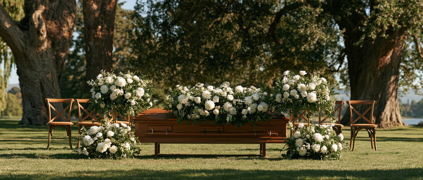 A funeral scene with a coffin adorned with white flowers, set outdoors amidst trees. Two chairs flank the coffin, and floral arrangements are placed on either side