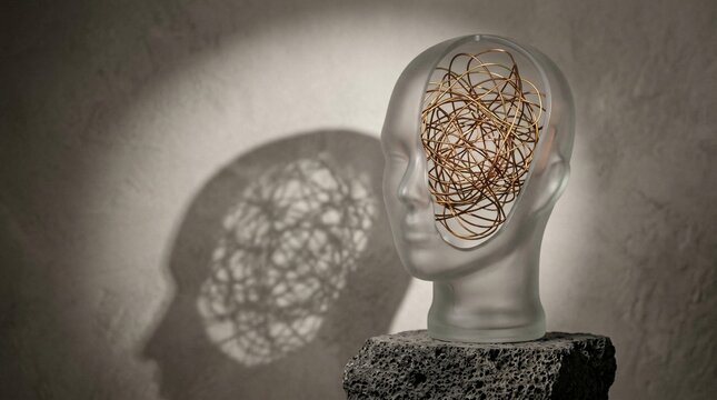 Conceptual Frosted Glass Head with Tangled Wires for Overthinking