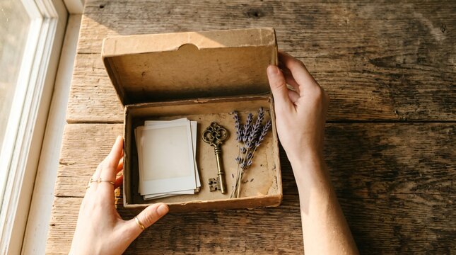 Hands Opening Vintage Keepsake Box with Instant Photos and Antique Key