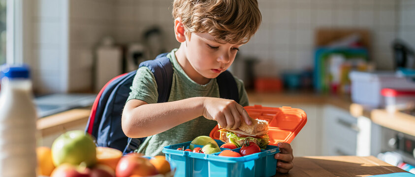 A young boy with a backpack prepares his lunchbox, filled with colorful fruits and sandwiches, in a sunlit kitchen. He is focused on assembling his meal, possibly for school