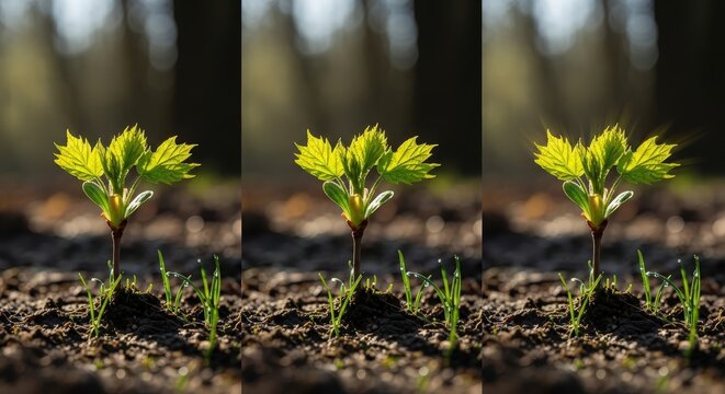Small green sprout growing from dark soil in a sunny forest