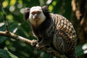 Obraz premium Black tufted marmoset sits on tree branch in tropical jungle. Small primate with white face, spotted fur looks at camera. Wild monkey lives in forest habitat among green leaves. Close up portrait of
