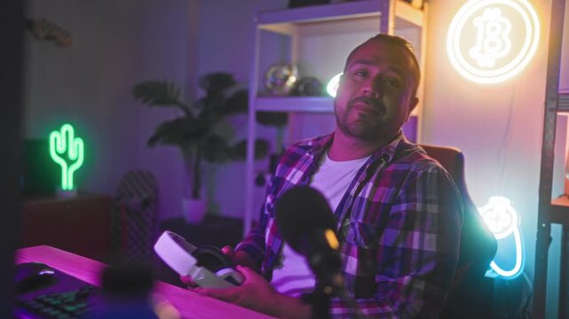 Man lifts headset with hands and adjusts a microphone while smiling at camera in a neon lit gaming studio with keyboard and controller; joy connection.
