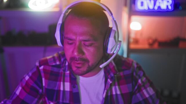 Man wearing white gaming headset with microphone and plaid shirt, eyes closed while touching headphones and later covering his face in a streaming studio; concentration streaming.