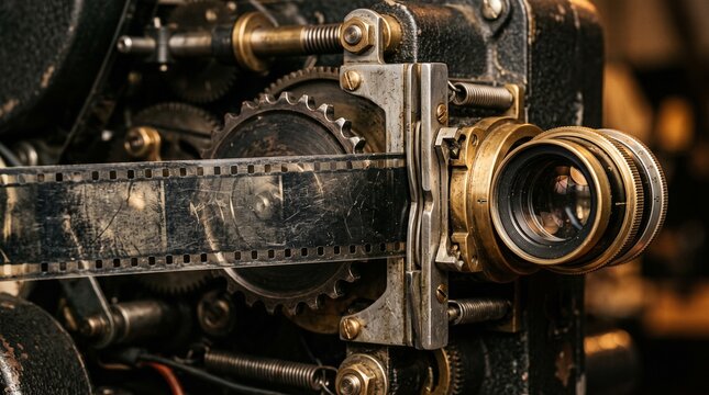 Macro view of vintage film projector mechanics, highlighting sprocket wheels, lens assembly and aged metal textures in dramatic warm analog lighting.