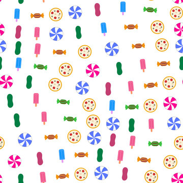Seamless pattern of candies, popsicles, and pizza icons