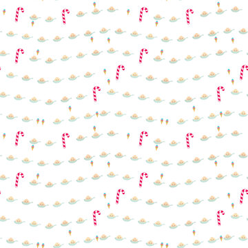 Seamless pattern of candy canes, ice cream cones, and smiley dumplings