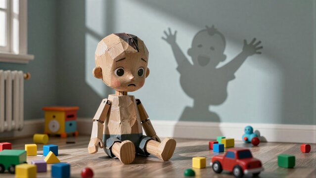 Wooden toy boy sits sadly among toys, shadow shows joyful child behind him.