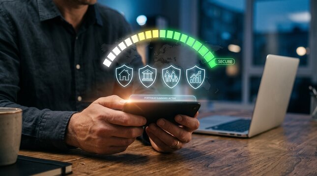Risk manager evaluates financial risk assessment ,insurance protection digital scoring, asset security, family coverage, property protection, risk analysis, financial stability, global risk management