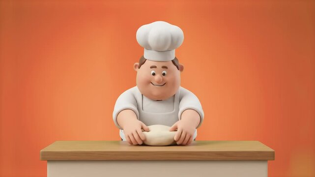Cute 3D animated chef baker wearing a toque hat kneading fresh bread dough on a wooden table over an orange background. Perfect for bakery advertisements, cooking class promos, pastry shop commercials