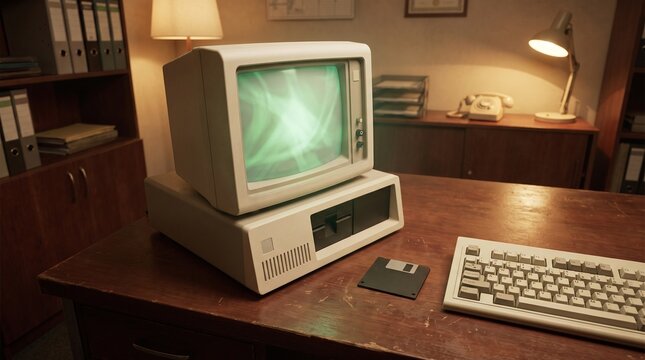 Vintage floppy disk beside a bulky CRT computer and beige keyboard, recreating an authentic 1980s computing environment with nostalgic monochrome screen glow.