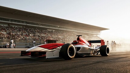 Obraz premium Red and white formula one race car parked on asphalt track with spectators in grandstands on sunny race day professional motorsport concept