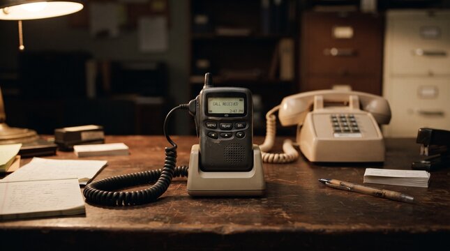 Vintage pager radio call device on a nostalgic wooden desk with analog office accessories, warm lighting, retro 1990s communication technology aesthetic