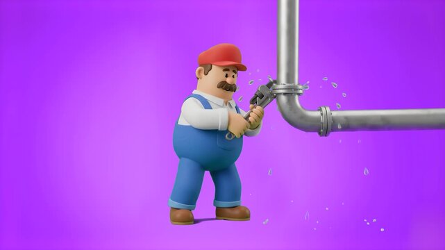 Cute 3D animated plumber wearing a red cap and blue overalls fixing a leaking metal water pipe with a pipe wrench tool over a purple studio background. Ideal for plumbing service commercials, home rep