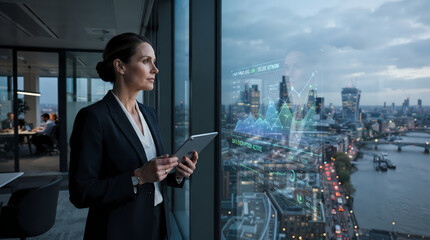 Fototapeta premium Corporate executive analyzing financial data on digital dashboard with city view
