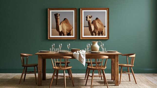 Modern minimalist dining room interior with wooden dining set and two framed camel photographs on deep green wall contemporary home decor