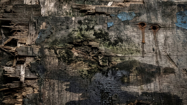 Severely rotted wood with moss green mold and rusty drip stains